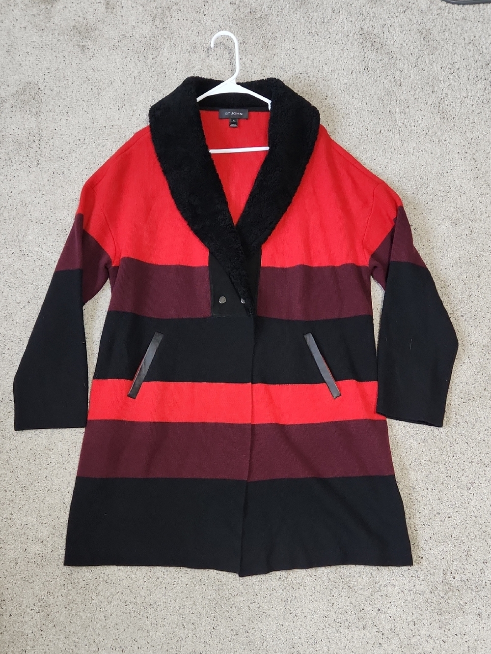 St. John Red/Black Wool Striped Sweater Jacket Fur Collar Size XL - Picture 9 of 13